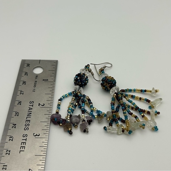 Blue Purple and Gold Seed Beaded Large Tassel Dangle Earrings - Picture 5 of 7